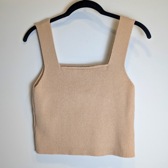 Y2K Tan Ribbed Knit Sleeveless Cropped Square Neck Shirt Size Medium - Picture 2 of 4
